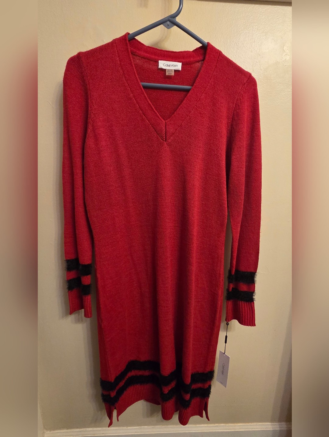 Calvin Klein Sweater Dress M Red Black Striped Whimsigoth Indie Prep Retro Nwt